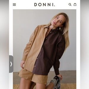 DONNI. Two-Tone Button Down Shirt in Brown and Tan